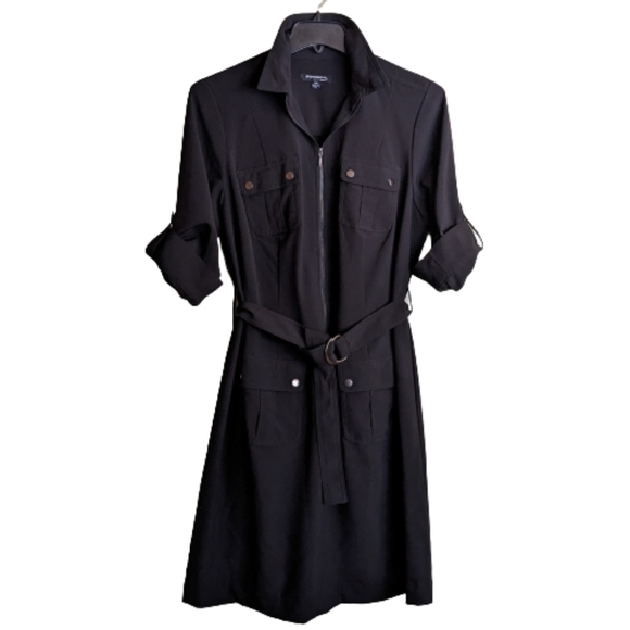 Sharagano Belted Zip Shirt Dress Safari Patch Pocket Roll Tab Sleeve Black - Picture 2 of 16